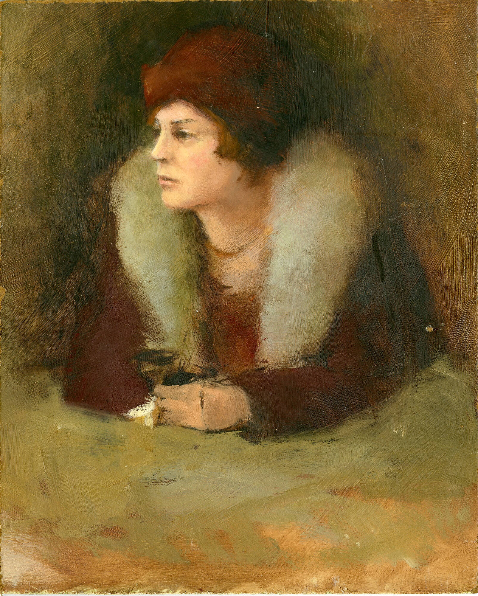 Portrait oriented image of a woman leaning forward onto a surface. She has on a fur scarf and a red shirt/dress, and is holding a glass of wine.
